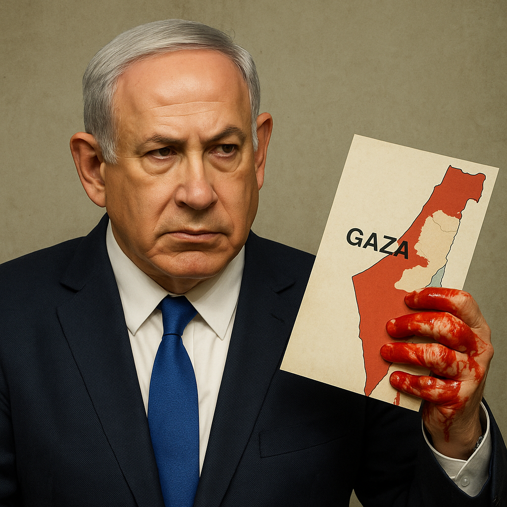 israeli prime minister benjamin netanyahu holding a blood-stained map of gaza