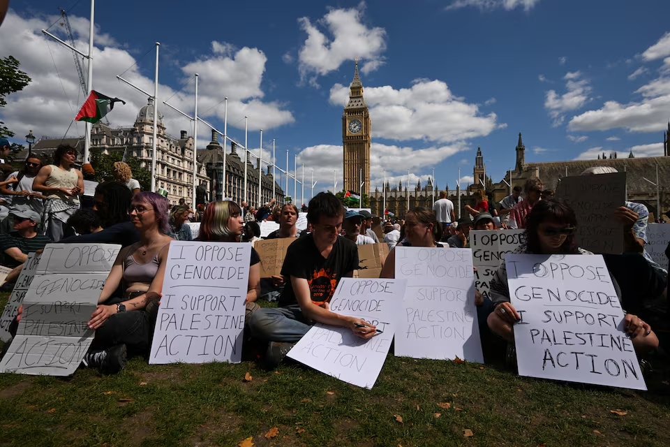 Protesters in Parliament Square rally against UK ban on Palestine Action under anti-terror laws.