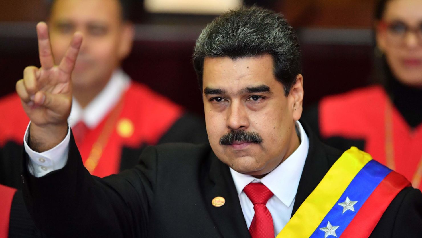 venezuela president nicolás maduro flashes victory sign during second term swearing-in ceremony in caracas