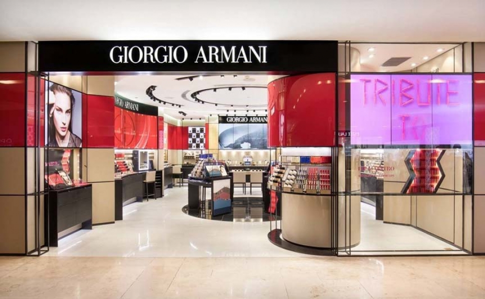 Armani Beauty and eyewear displays highlighting licensing and margin support during the transition Armani Beauty and eyewear displays highlighting licensing and margin support during the transition
