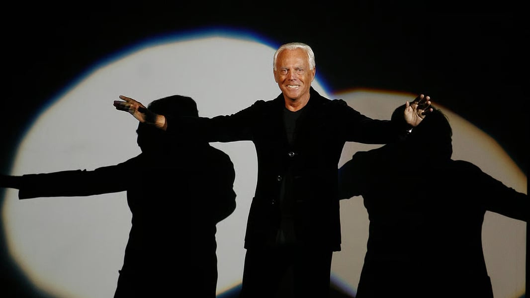 Giorgio Armani signage in Milan as the will sets a sale or IPO path naming LVMH, L’Oréal and EssilorLuxottica