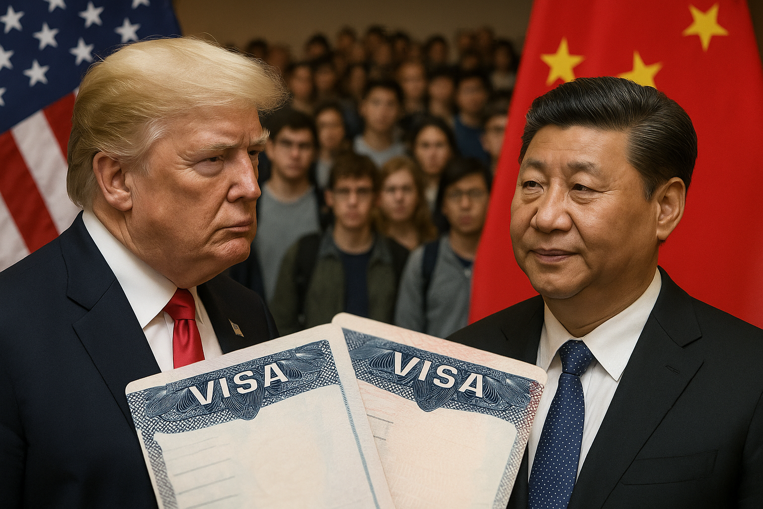 Trump and Xi with US and China flags, student crowd, and visa documents symbolising Chinese student visa controversy