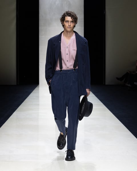 Soft-Shoulder Tailoring at Armani Closeup of a soft-shouldered navy jacket from Giorgio Armani’s memorial runway in Milan.