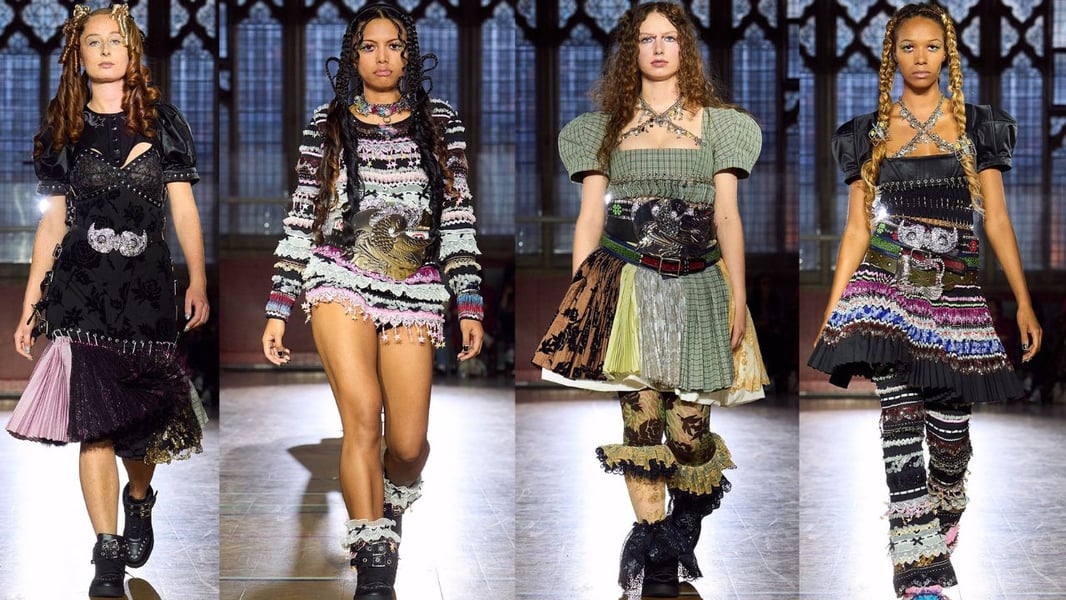 Pep-Culture Motifs Reworked Model wearing foam-finger or mascot-textured elements at Chopova Lowena Spring 2026