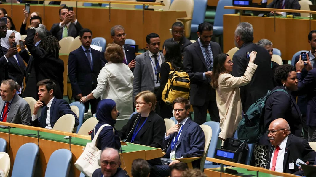 Delegations Exit During UNGA Address Delegates walking up the aisles to leave the UN General Assembly during Netanyahu’s address.