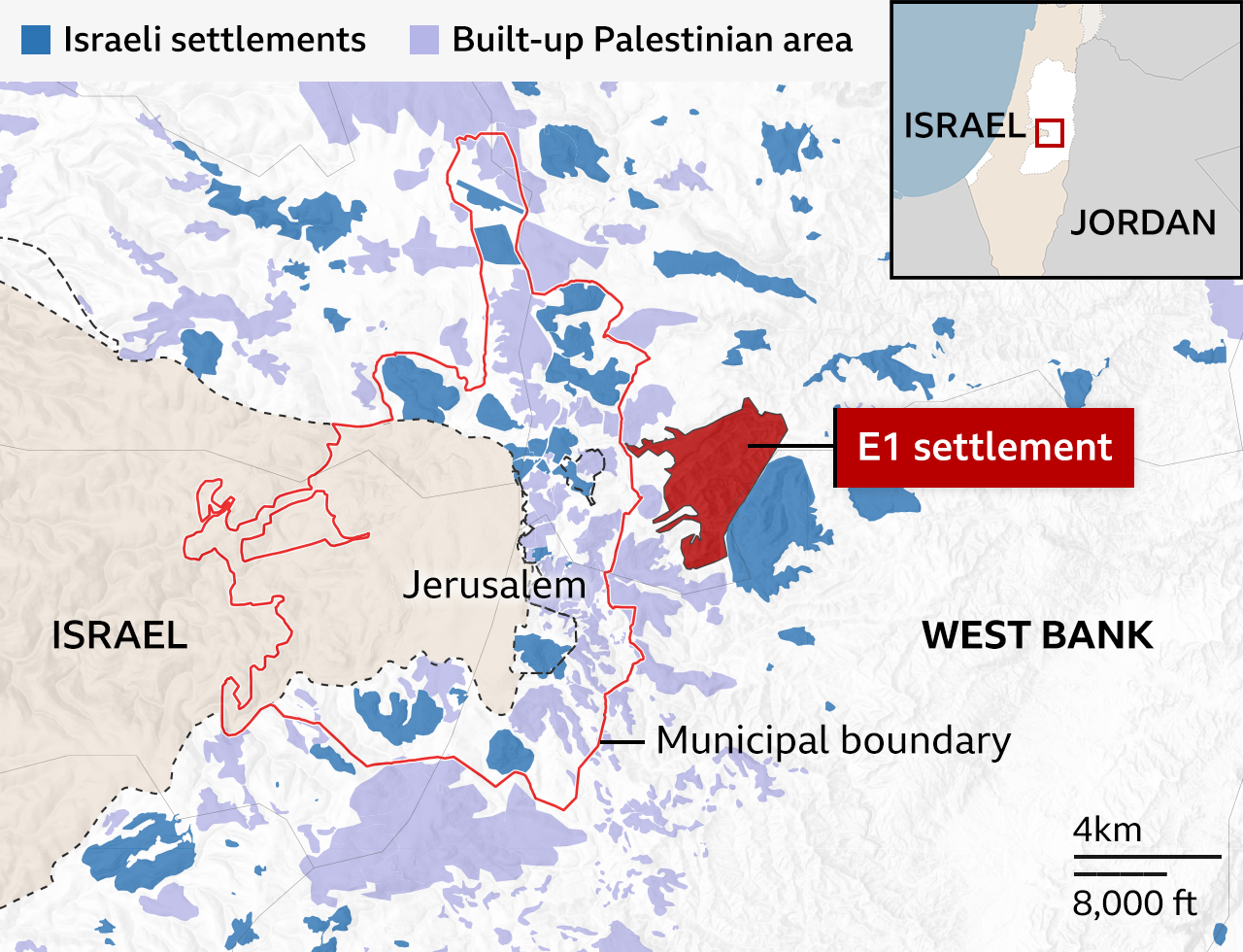 Map of the E1 corridor linking Ma’ale Adumim to Jerusalem and its impact on West Bank contiguity 