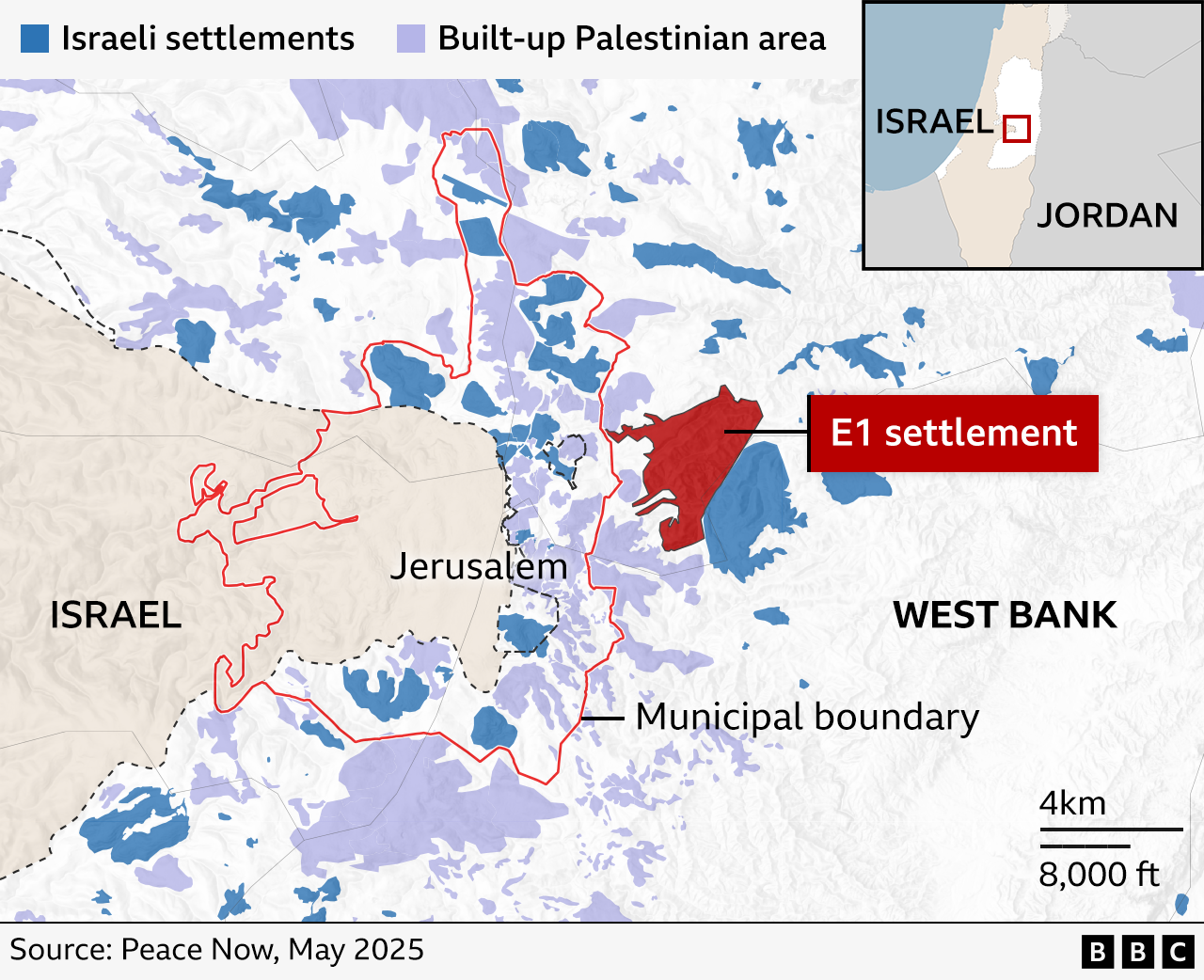 Map of the E1 corridor linking Ma’ale Adumim to Jerusalem and its impact on West Bank contiguity 