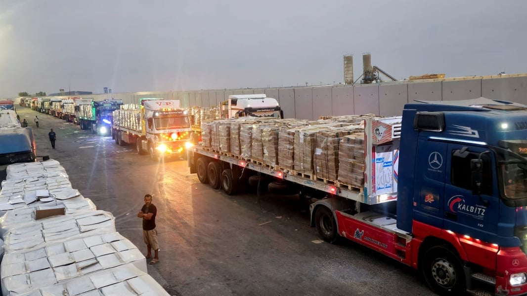 Aid trucks line up for inspection en route to Gaza