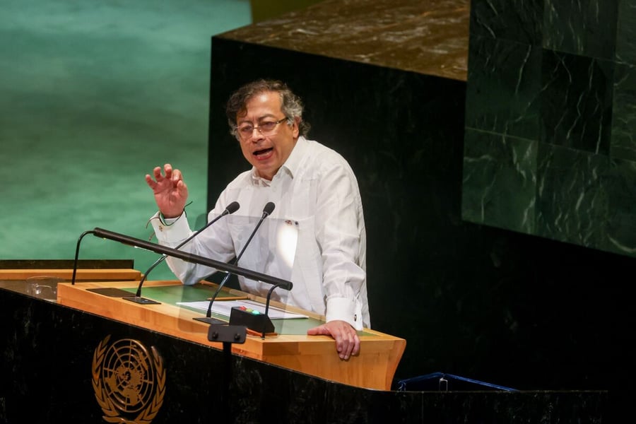 Colombian President Gustavo Petro speaks near UN headquarters in New York amid a US visa dispute