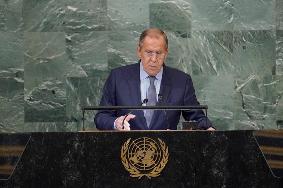 Sergei Lavrov at the United Nations after alleging NATO and the EU declared a “real war” on Russia