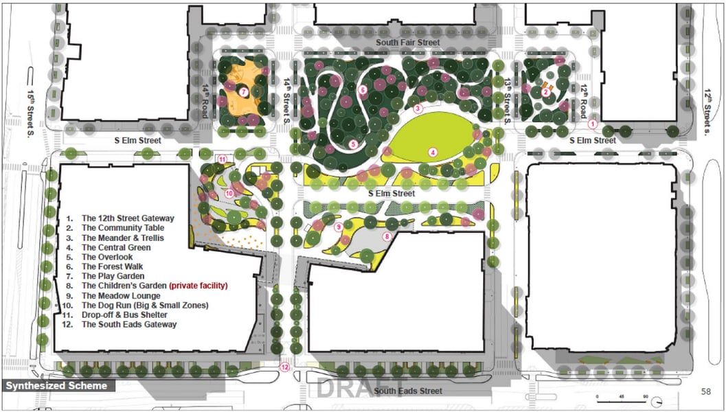Metropolitan Park site plan, Queens Site plan of the Metropolitan Park proposal showing public park acreage, venues and structured parking