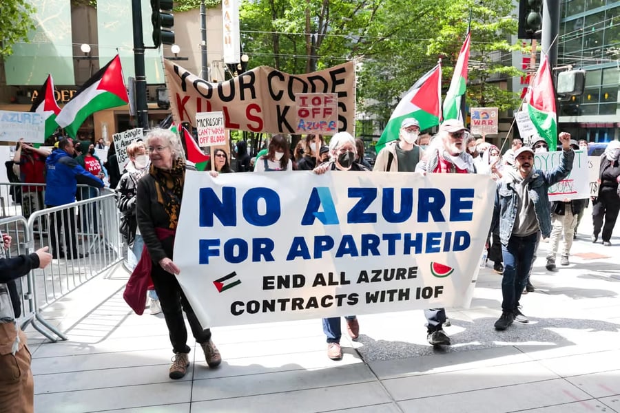 Microsoft Protest — No Azure For Apartheid Protesters outside Microsoft campus hold signs reading No Azure For Apartheid