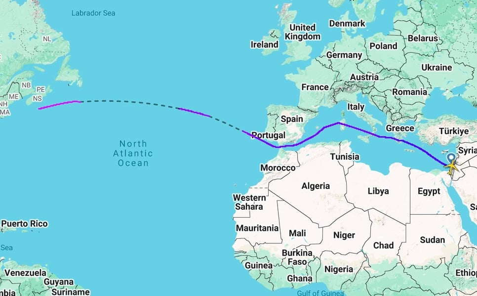 Flight route showing Netanyahu’s aircraft detouring around European airspace en route to New York