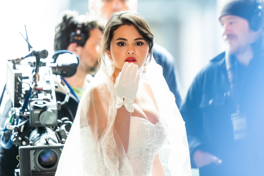 Ralph Lauren Bridal Halter — Detail Close-up of Selena Gomez’s custom halter wedding dress with floral appliqué