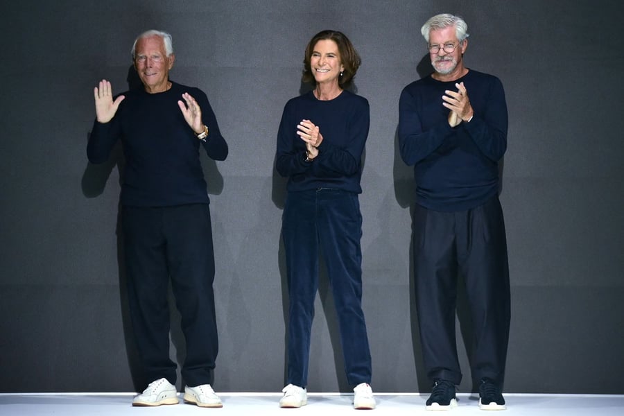 Silvana Armani and Leo Dell’Orco in Milan Silvana Armani and Leo Dell’Orco acknowledging the audience after Giorgio Armani’s memorial runway in Milan.