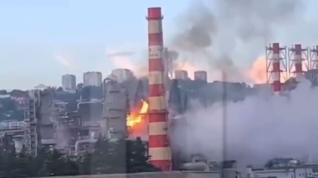 Flames rising from Tuapse oil refinery after a reported drone attack