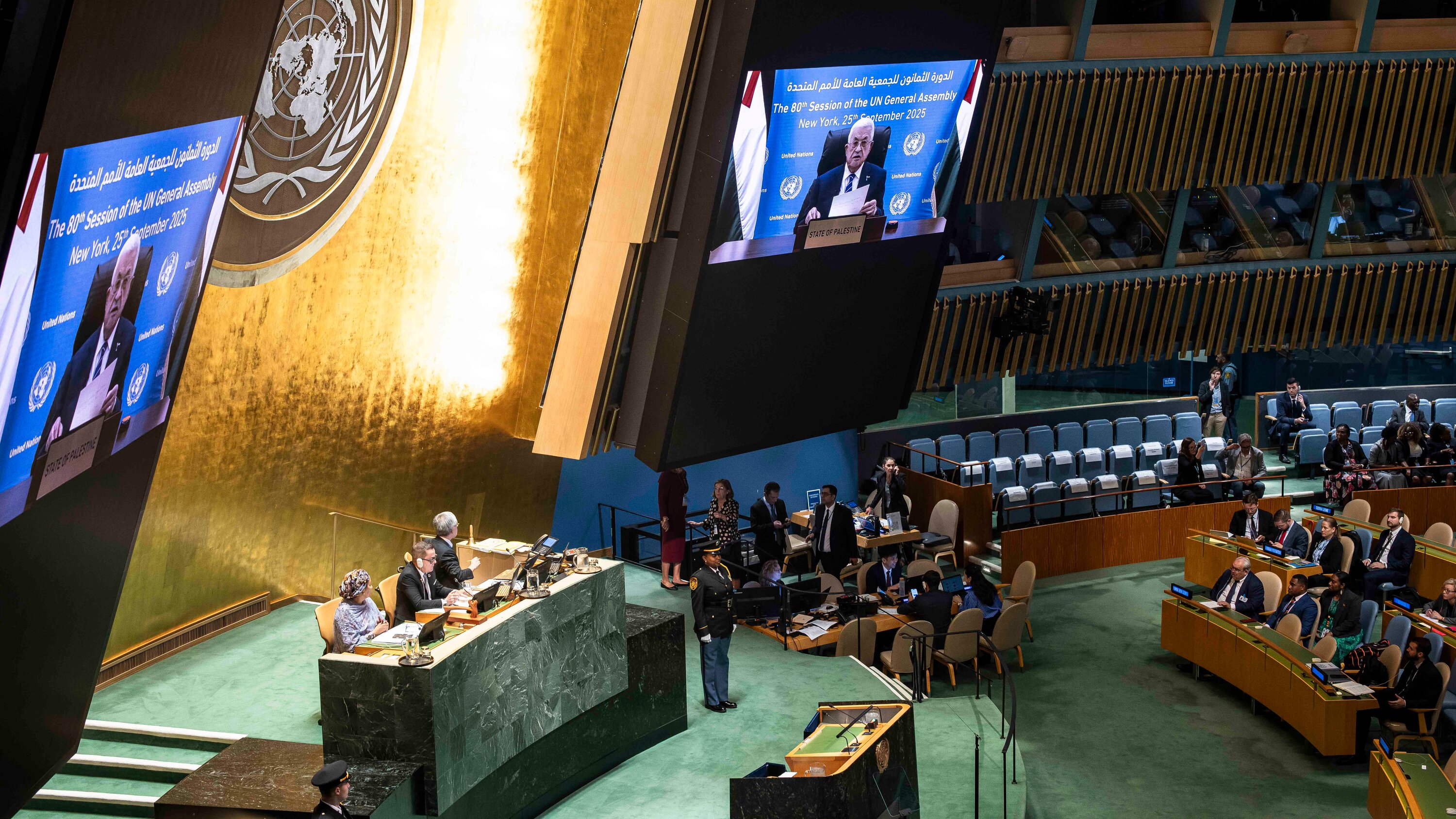 UN General Assembly hall during the 2025 session as leaders discuss Gaza and the West Bank
