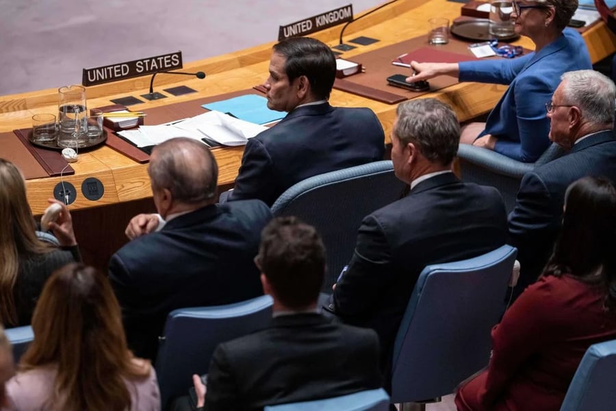 Full view of the UN Security Council chamber during a meeting on Ukraine