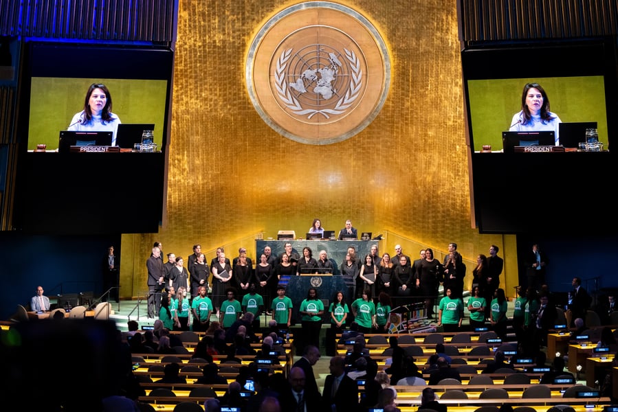 Delegates in the UN General Assembly hall during high-level week in New York.