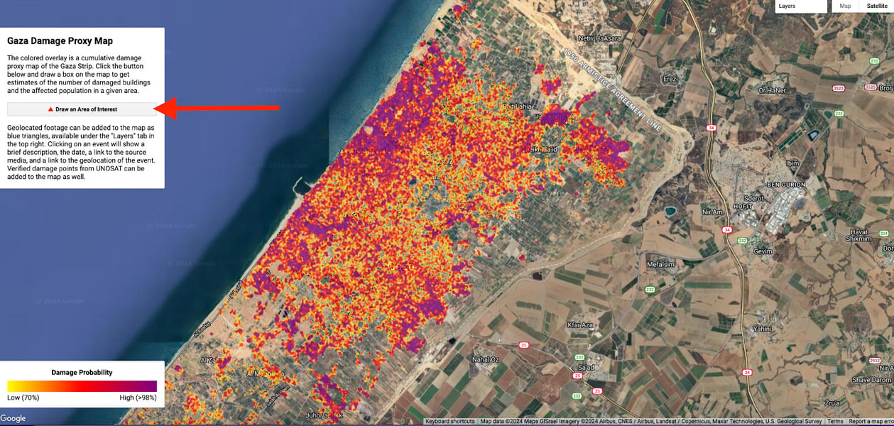 UNOSAT damage assessment map showing severe destruction across Gaza City
