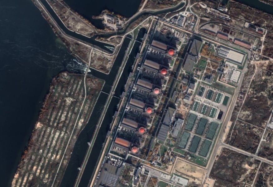 ZNPP On Diesel After Off-Site Power Loss Zaporizhzhia Nuclear Power Plant with transmission towers as the site relies on diesel generators after losing off-site power