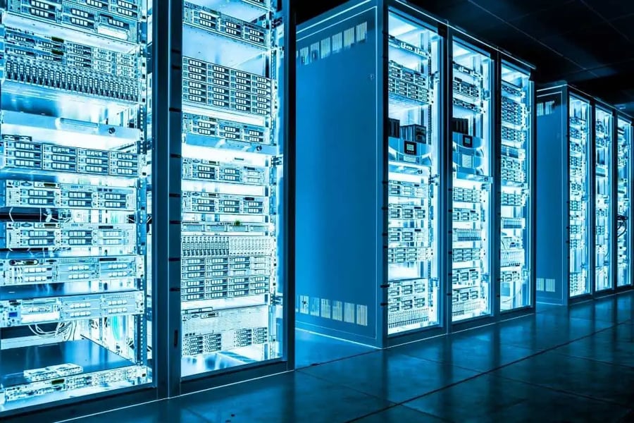 Server racks in a modern data center with active cooling