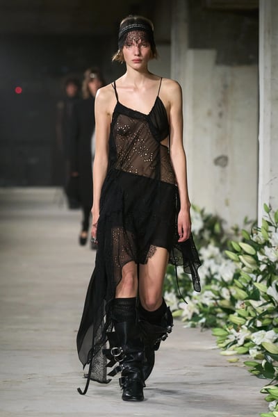 Close-up of Ann Demeulemeester Spring 2026 pink brocade and controlled ruffle detail.