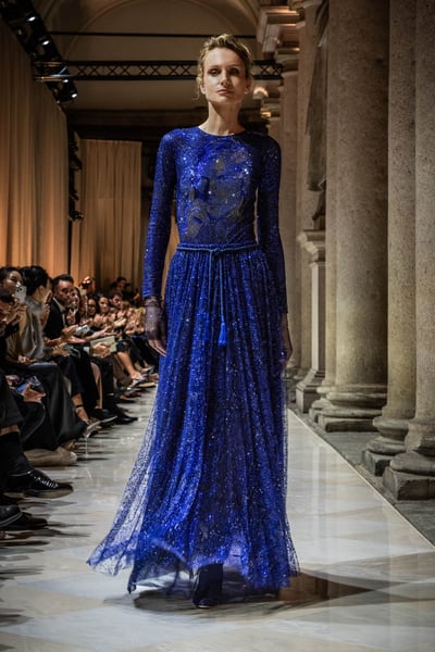 Lagoon-blue evening gown from Giorgio Armani’s final collection