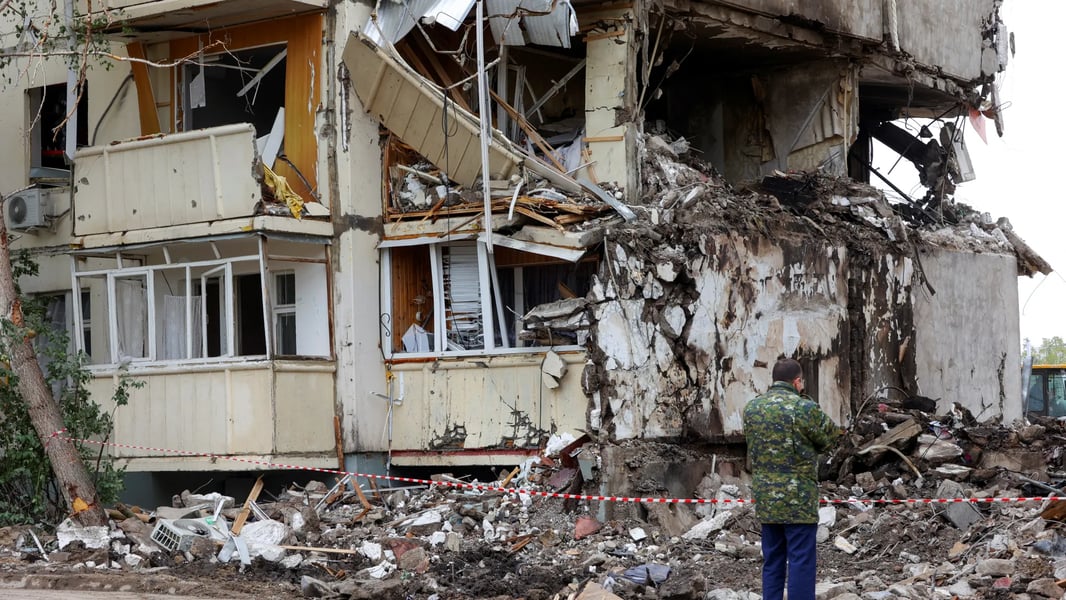Damaged residential building in Russia’s Belgorod region after cross-border shelling