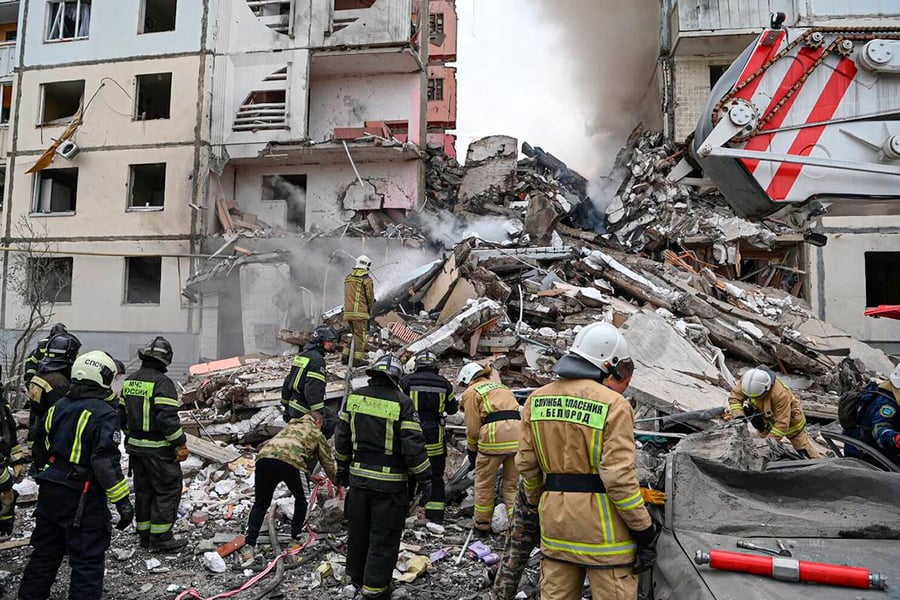 Damaged residential building in Russia’s Belgorod region after reported shelling