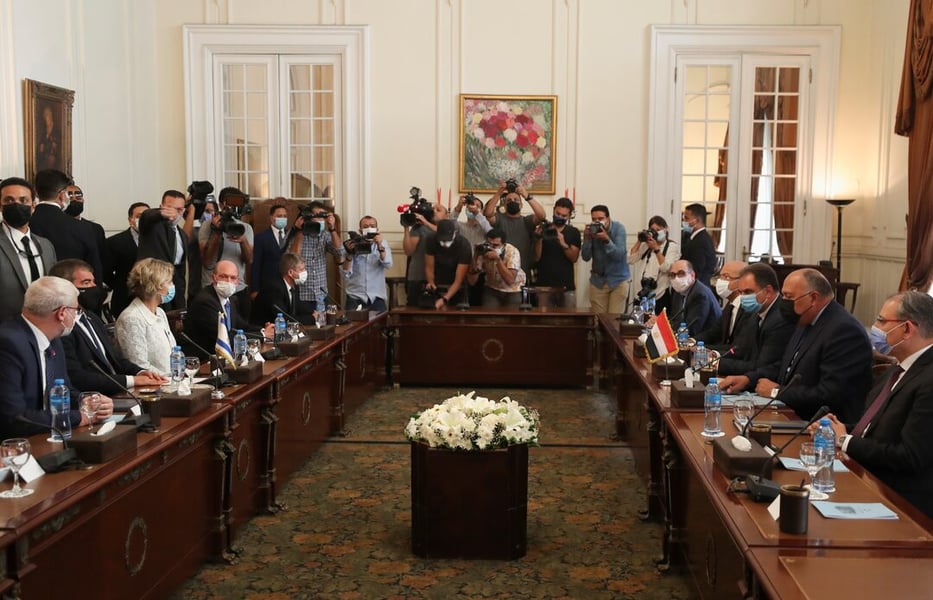 Egyptian Ministry of Foreign Affairs building in Cairo during Gaza ceasefire talks