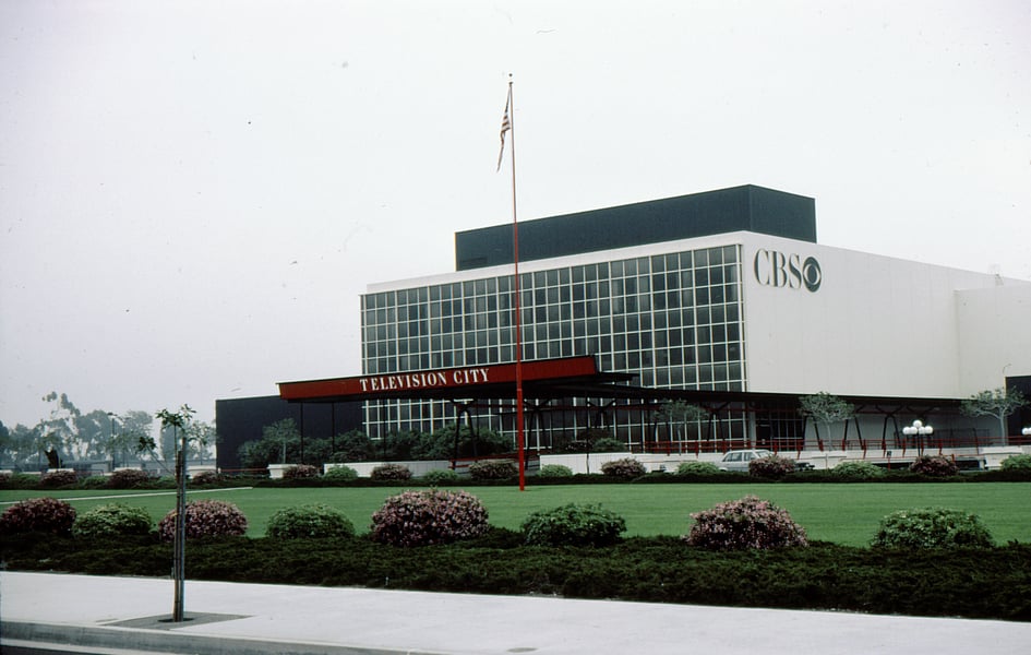CBS Television City exterior in Los Angeles with CBS logo on the facade