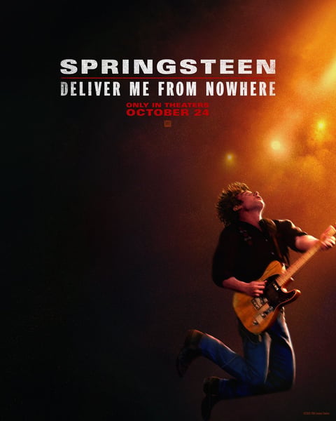 Official poster for Springsteen: Deliver Me From Nowhere showing a guitarist mid-leap with release date.