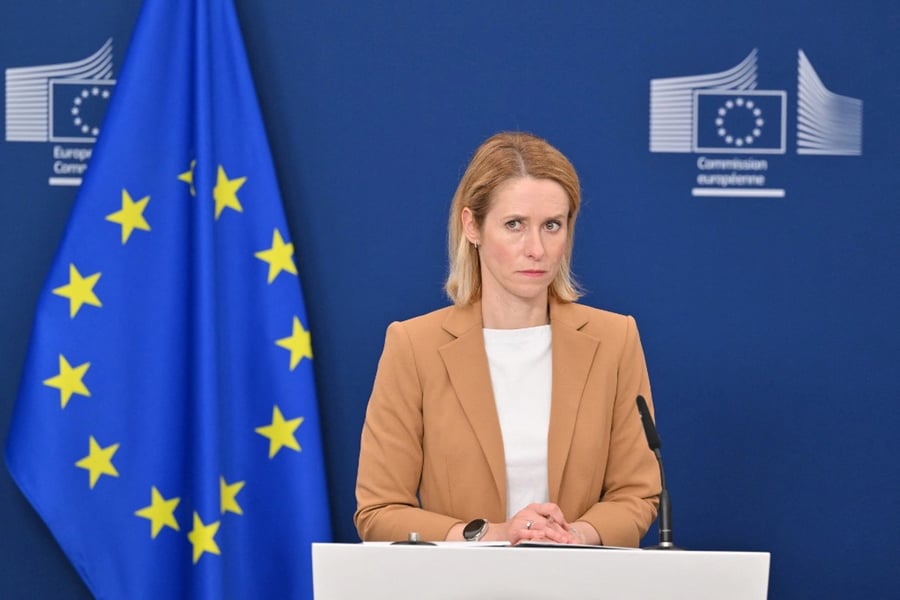 EU High Representative Kaja Kallas speaks to press as the bloc pauses moves on sanctions