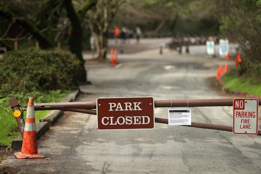 Entrance sign at Muir Woods National Monument as federal lapse closes popular sites