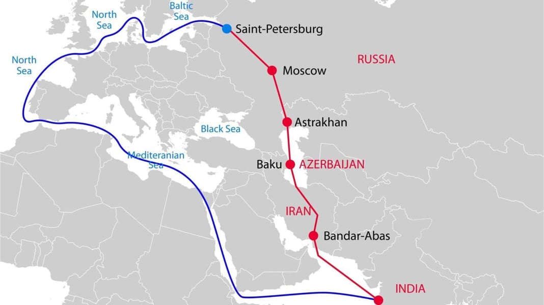 International North South Transport Corridor, route overview International North South Transport Corridor map linking Russia, Iran, and India