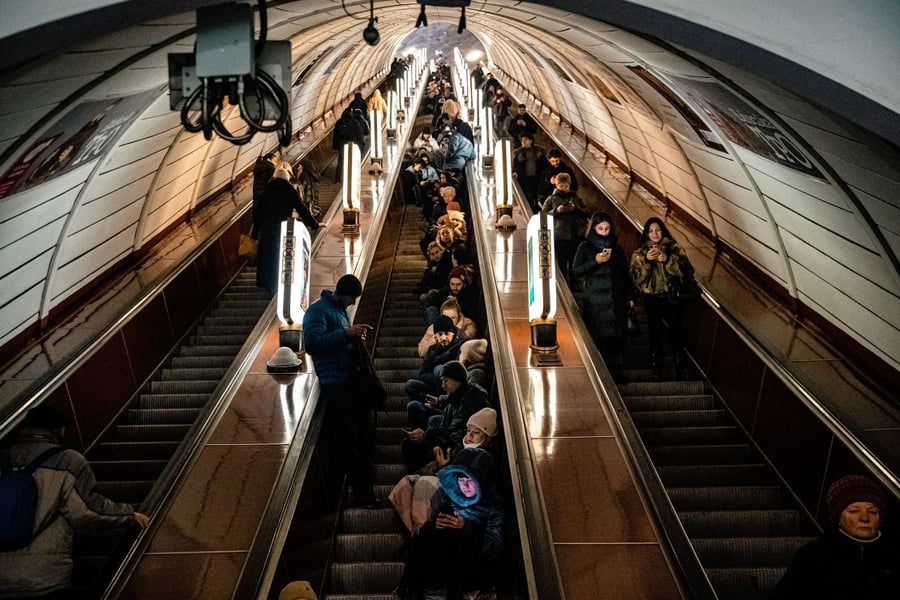 A Kyiv Metro train arrives as the network operates on reserve power during scheduled shutdowns