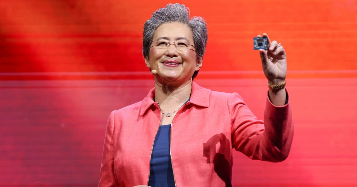 isa Su holding a data center chip during a keynote