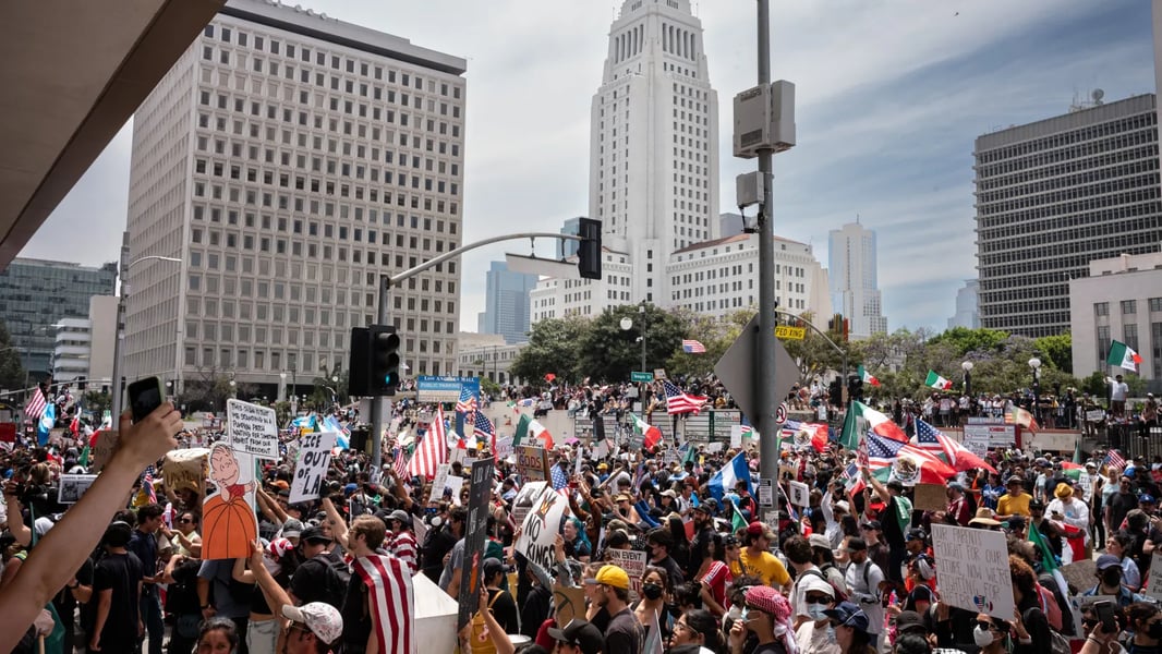 Demonstrators gather at Los Angeles City Hall during ‘No Kings’