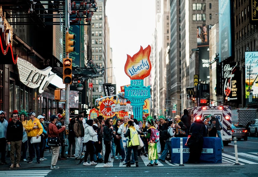 Protests in New York City against Donald Trump No Kings march, protesters fill avenue