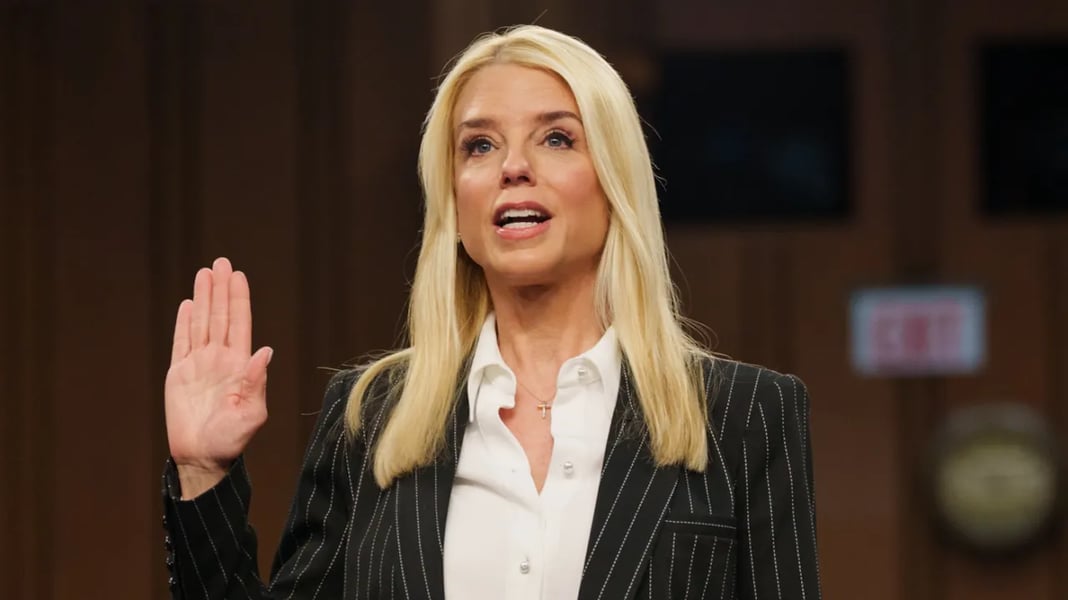 Pam Bondi on Day 2 of Senate questioning, nameplate visible