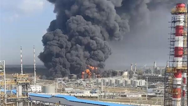 Flames at Rosneft’s Ryazan oil refinery after a reported drone strike on Oct. 24, 2025