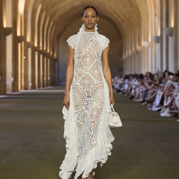 White hydrangea set at Saint Laurent Spring 2026 runway at Trocadéro