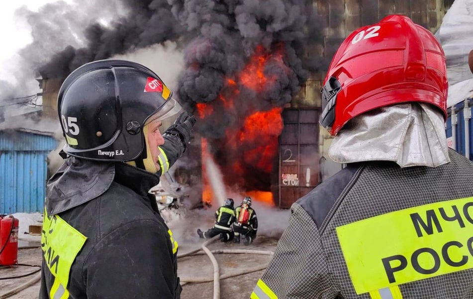 Flames at an oil refinery in Dagestan after a reported drone strike