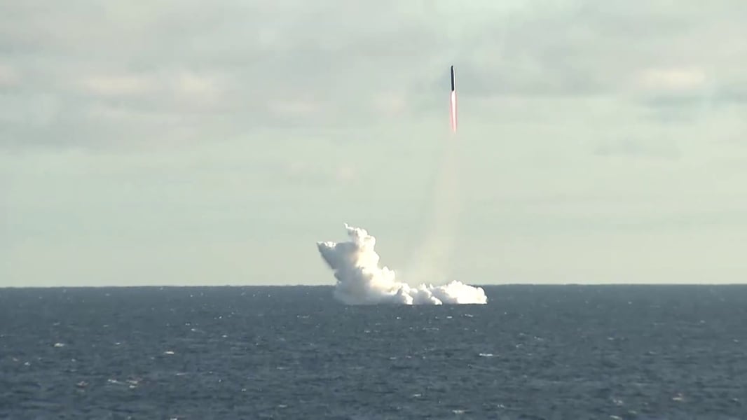 A submarine-launched Sineva ballistic missile rises during Russia’s strategic forces drill