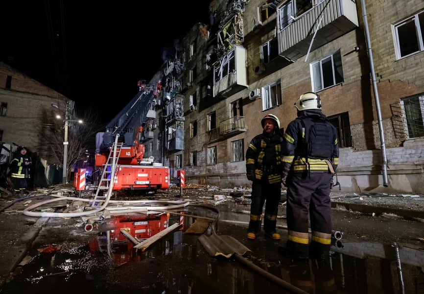 Firefighters respond at the Bashneft refinery in Ufa after a reported drone strike.