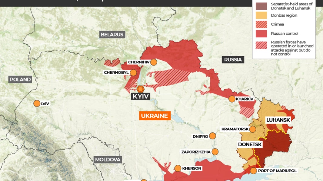 Map highlighting conflict zones in Ukraine