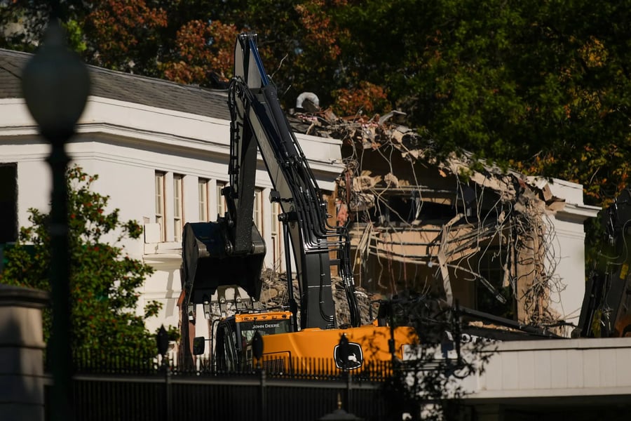 Excavators demolish the White House East Wing during site work for a new ballroom, Washington, 2025.