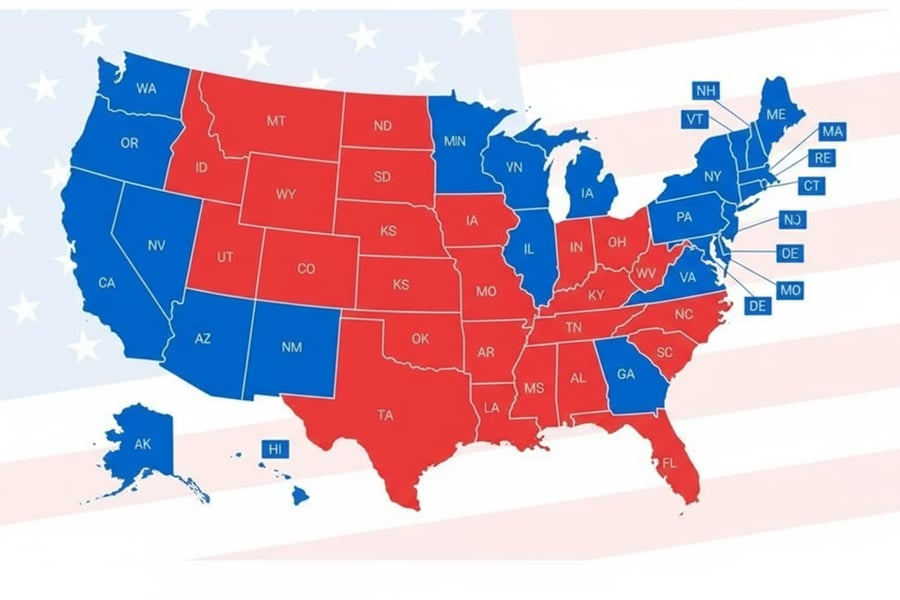 Map showing 2025 Democratic election victories in New York, New Jersey, Virginia, and California