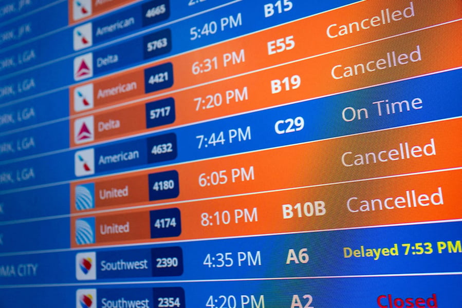 Airport departure board displaying thousands of canceled flights during government shutdown
